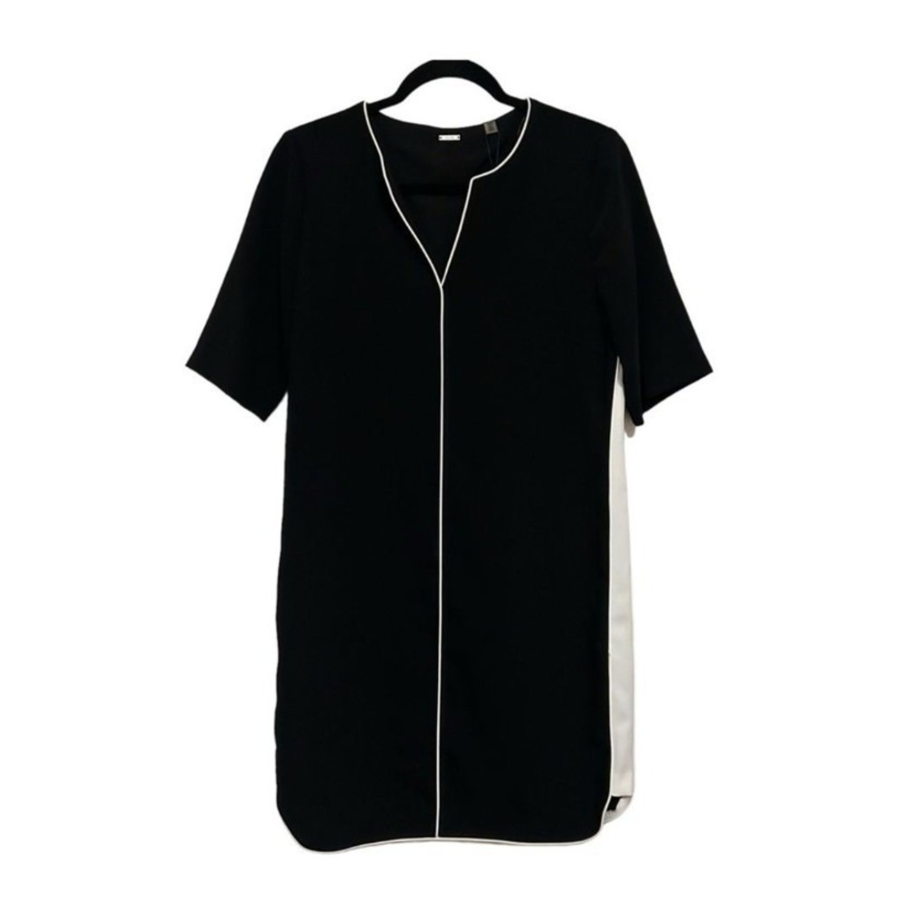 Tahari Black‎ Tunic Dress White Trim Short Sleeve Casual Size Large Minimalist